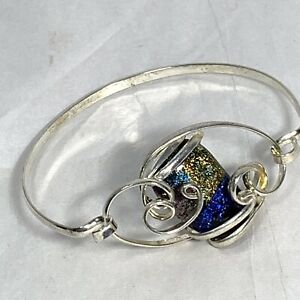 Handcrafted Silver Wire Foil Art Glass Cuff Bracelet Hook Swirl Cobalt Blue