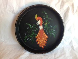 Tole Painted Red Bird Peacock Round Metal Serving Tray 1950s ~ Vintage Tole Pain - Picture 1 of 5