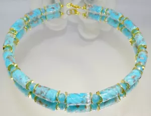 Halskette Perlen Glas Lampwork Murano Art türkisblau aqua gold 202n - Picture 1 of 12