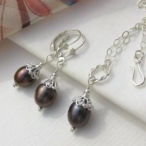 mokka Zucht Perlen Ohrringe Anhänger Kette Set 925 Silber hübsche Perlkappen - Bild 1 von 12