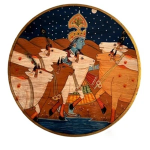 Pichwai Hand Painting Antique Finish Wall Hanging Home Decor 10" Wooden Plate - Picture 1 of 3