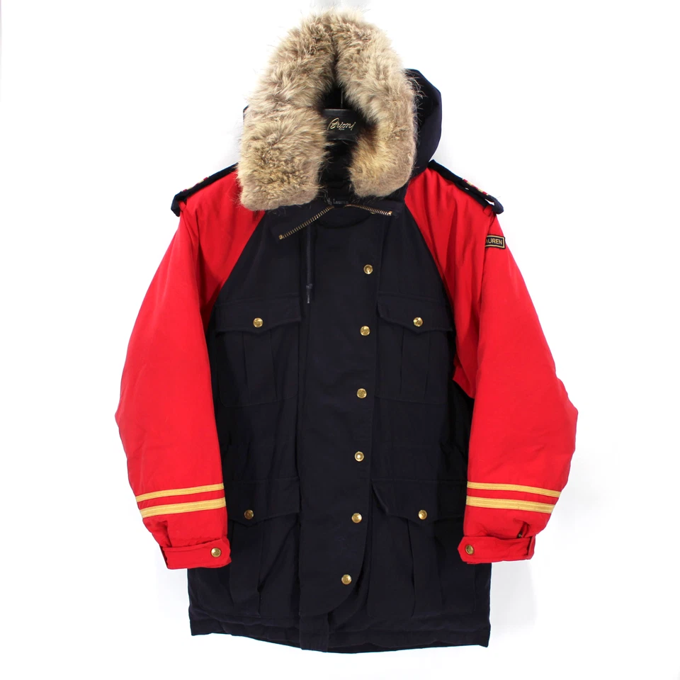 Ralph Lauren Fur Hooded Down Insulated Red Navy Military Parka Coat S Vintage - Image 1 of 4