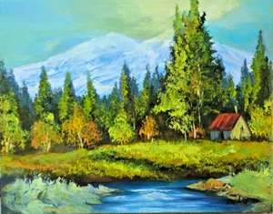 PAISAJE RÍO MONTAÑA NIEVE PEQUEÑO ÓLEO SOBRE LIENZO 14X11 FIRMADO WILSON - Imagen 1 de 10