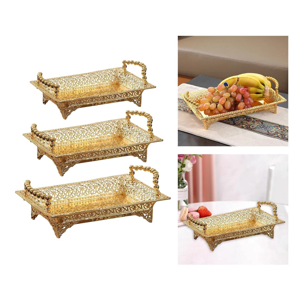 Iron Golden Fruit Tray with Handles Countertop Tray Desert Tray Storage - Image 1 of 1