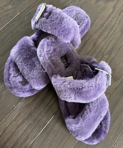 Ugg fuzz yeah pantofole slides taglia 8 pelliccia di pecora doppio cinturino fibbia viola - Foto 1 di 10