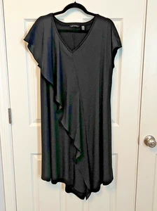 H by Halston V NeckJet Set Jersey Black Asymmetrical Ruffle Dress Size LP - Picture 1 of 4