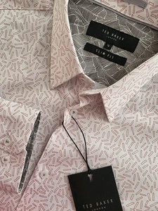 Ted Baker Men's Shirt 16 Slim Geometric Pattern Red White - Picture 1 of 8