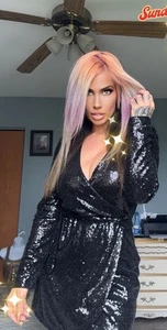 Just Fab Black Sequins Long Sleeve Wrap Dress Side Tie Sz Md Shiny Prom NWT🔖🔥 - Picture 1 of 17