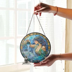 Aquarius Stained Glass Zodiac SunCatcher Aquarius Gift Window Hanging - Picture 1 of 12