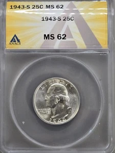 1943 S Washington Quarter ANACS MS 62 25c - Picture 1 of 4