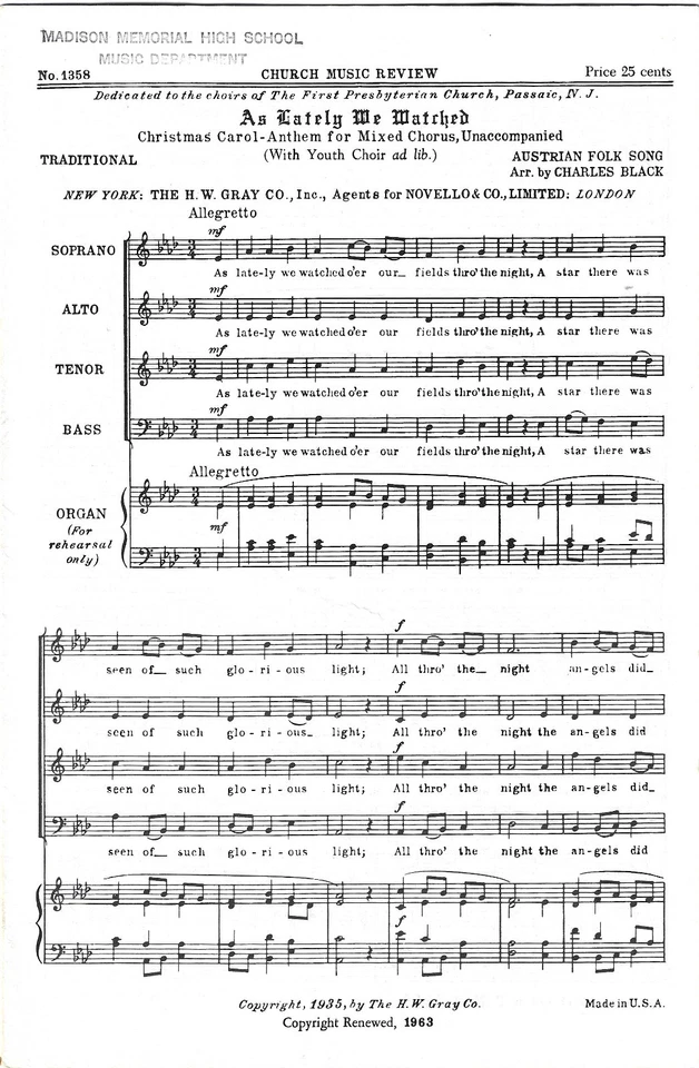 Como últimamente vimos SATB Christmas Carol Charles Black H.W. Gray Co. 1935 Vinta Foto 1 de 1