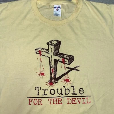 Jesus Shirt Men 3XL Yellow Trouble For Devil Cross God Christian Religion Church - Image 1 of 4