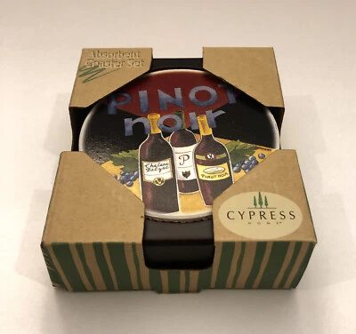 Cypress Home "THE WINE GALLERY" Juego de Posavasos de Piedra Absorbente con Soporte, NUEVO Foto 1 de 4