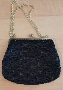 Vintage schwarze Perlen gehäkelt kleine Handtasche - Bild 1 von 9