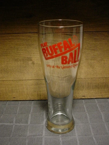 2 VINTAGE BUFFALO BILLS,   "PLAY BUFFALO BALL" 9" GLASS, GROUND ROUND RESTAURANT Cover