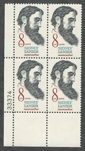 US. 1446. Sidney Lanier (1842-81) Poet, Musician & Critic. Plate Block of 4 1972 - Picture 1 of 2