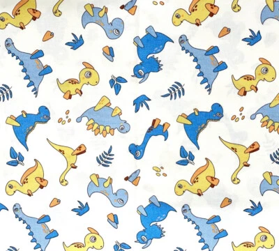 Cotton Fabric - Cute Blue Dinosaurs on Ivory - Quilting Craft Fabric Material - Image 1 of 4