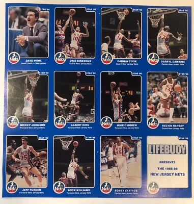 1985 1986 STAR Co. Lifebuoy New Jersey Nets Equipo NBA Panel Sin Cortar Hoja de 12 Tarjetas Foto 1 de 2