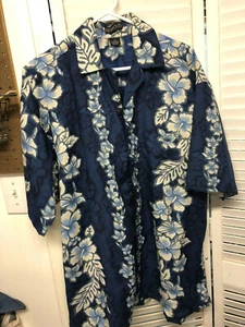 HAWAIIAN SHIRT BY FERROUS-L- FLORAL BLUE/GREY/YELLOW/WHITE ON DK BLUE - Picture 1 of 3