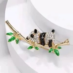 Rhinestone Crystal Panda On bamboo Brooch Pin Badge Christmas Birthday 097 - Picture 1 of 2