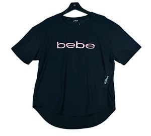 BEBE Sport Tee Women's L Black Flatlock Top Logo NEW - Picture 1 of 6