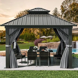 10X10ft Hardtop Gazebo Steel Roof Gazebo w/Aluminum Frame Netting & Curtains - Picture 1 of 5