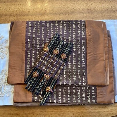 Asian Placemats, Chopsticks & Branded Rings Set 6 Brown Silk Chinese Table Decor - Image 1 of 4
