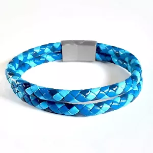 Leather Mens Bracelet Surfer Wristband Wrap Multi Row Steel Clasp + Gift Bag UK - Picture 1 of 9