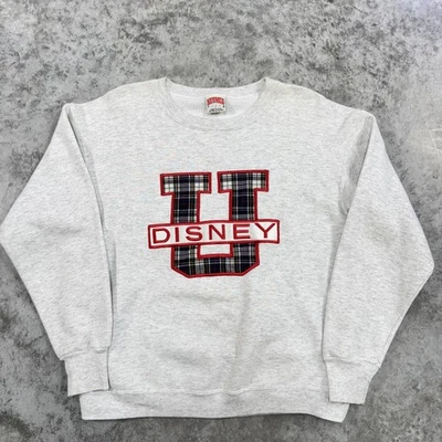 Sudadera De Colección Disney Para Hombres Grande Gris Nuez moscada Mills Cuello Redondo Logotipo A Cuadros Años 90 Foto 1 de 4