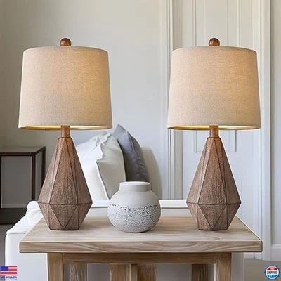 PoKat 20.25" Vintage Farmhouse Table Lamp Duo - Rustic Linen Nightstand Lamps - Image 1 of 4