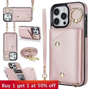For iPhone 16 15 14 13 12 Pro Max XS XR 8 7 Crossbody Zipper Leather Wallet Case - Picture 1 of 11