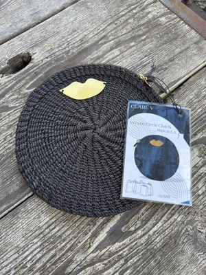 Clare V Designer Black Woven Circle Clutch Gold Lips Detail with Zip top closure - image 1 of 4