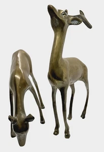 Vintage massives Messing Hirsch Paar - Hirsch & grasendes Reh Figuren ~ 8,75" & ~ 5,5" LESEN - Bild 1 von 15