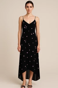 Equipment Femme Womens Slip Dress L Black Floral Print Maxi High Low Elegant - Picture 1 of 12