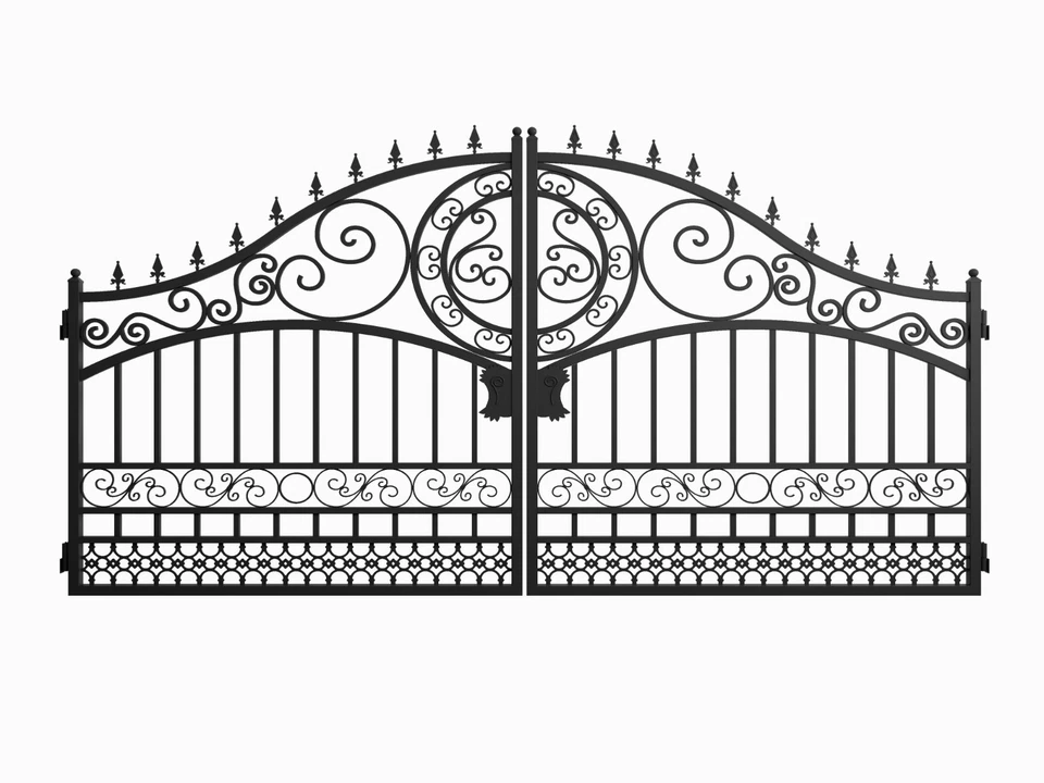 Puerta de jardín de entrada de acero arqueada - 14 FT Doble columpio, estilo victoriano Foto 1 de 3