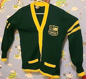 Vintage 60s 1961 School Cardigan Sweater Button Up Green Yellow Made In Canada - Picture 1 of 10