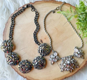 2x Banana Republic Silver Chunky Gunmetal Smoky Gray Crystal Statement Necklace - Picture 1 of 5