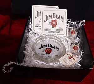 Rare-Boxed Gift Set Jim Beam Glass Ashtray-Full match &Shot Glasses Coasters - Picture 1 of 2