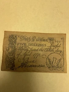 South Carolina  Five Shillings Note 1778 Parchment Vintage Reproduction - Picture 1 of 4