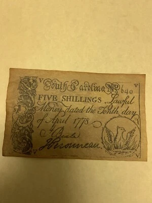 South Carolina  Five Shillings Note 1778 Parchment Vintage Reproduction - Image 1 of 4