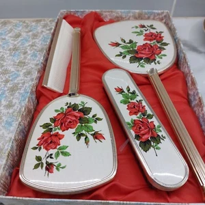 Vintage Boxed 4 Piece Dressing Table Set 2 Brushes Comb Mirror Roses - Picture 1 of 6