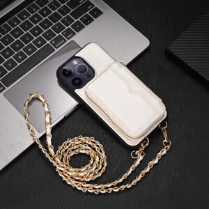 For iPhone 14 Pro Max 13 Shockproof Leather Mirror Card Lanyard Strap Case Cover