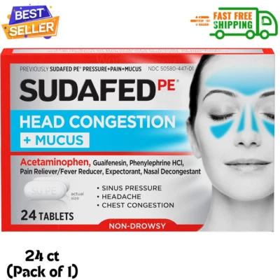 Sudafed PE заложенность головы + слизь таблетки для синусового давления, боли, 24 ct упаковка 1 - Изображение 1 из 4