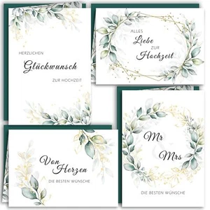 Hochzeit Glückwunschkarten 4er Set Grün Blätter Aquarell - Bild 1 von 7