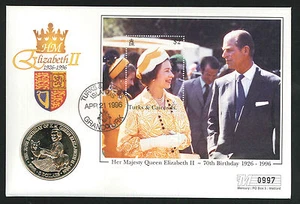 1996 Queen's 70th Birthday Coin MS FDC - $5 & Grand Turk Pmk - Picture 1 of 1