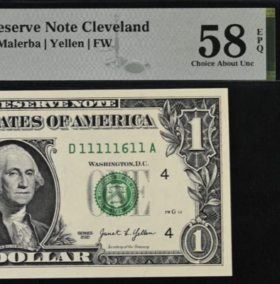 2021 $1 FRN Cleveland PMG 58EPQ - Near Solid Binary Serial Number 11111611 - Image 1 of 3