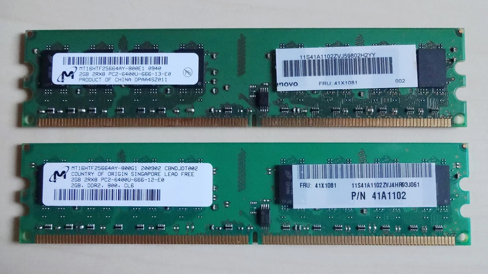 Micron 4GB (2x2GB) DDR2 PC2-6400 800Mhz MT16HTF25664AY Desktop RAM Memory - Image 1 of 1