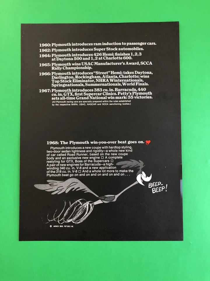 1968 PLYMOUTH ROAD RUNNER ORIGINAL VINTAGE PRINT AD ADVERTISEMENT PRINTED - Image 1 of 1