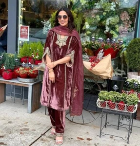 Women Indian Ethnic Maroon Palazzo Kurta Velvet Readymade Salwar Suit Eid Kameez - Picture 1 of 8