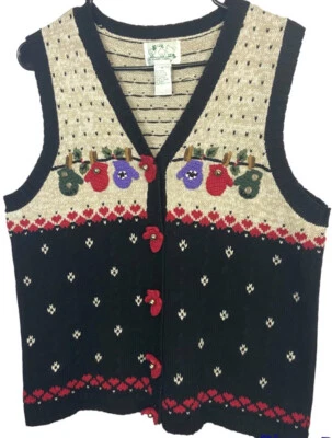 Quacker Factory Ramie Cotton Sweater Vest Christmas Mittens Jingle Bells Medium - Image 1 of 4